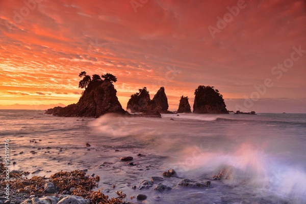 Obraz 朝焼けの蓑掛岩