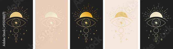 Fototapeta All seeing eye with sun and moon tattoo line icon set. Third eye symbol. Vector illustration