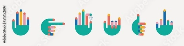 Fototapeta Abstract colorful Hands. Different positions, various gestures. Geometric minimal design. Modern colored Vector illustration. All elements are isolated. Logo, poster, print, design templates