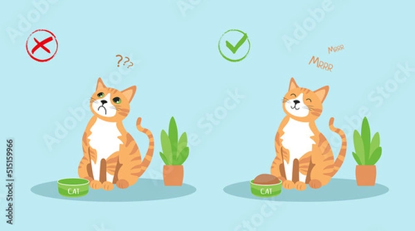 Fototapeta Set of posters - the concept of a hungry and full cat. Ginger vector cat sees near the bowl. The cat is asking for food.