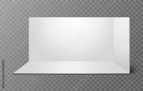 Fototapeta Realistic exhibition booth with shadow on transparent background. Trade showroom. Empty geometric square grey corner. Blank box template for presentation, advertising. 3d Vector illustration
