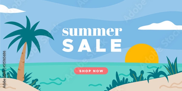 Fototapeta Summer sale beach landscape banner. Seascape with palm and plants. For newsletter, web header, social media post, promotional banner, advertising and identity. Vector illustration, flat design