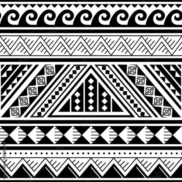 Obraz Polynesian tribal seamless vector pattern with geometric shapes, cool black and white Hawaiian style textile or fabric print
