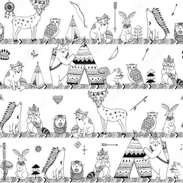 Fototapeta Tribal forest animals vector line seamless pattern
