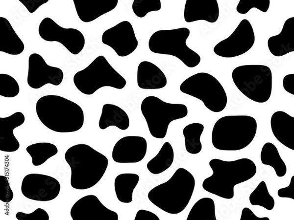 Fototapeta Abstract random black shapes seamless pattern. Cow animal skin wallpaper. Hand drawn spots backdrop. Abstract circular elements texture. Vector illustration isolated on white.