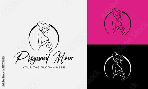 Fototapeta Pregnancy flat line icon. Vector outline illustration of a pregnant woman. Black color thin linear sign for gynecologist.