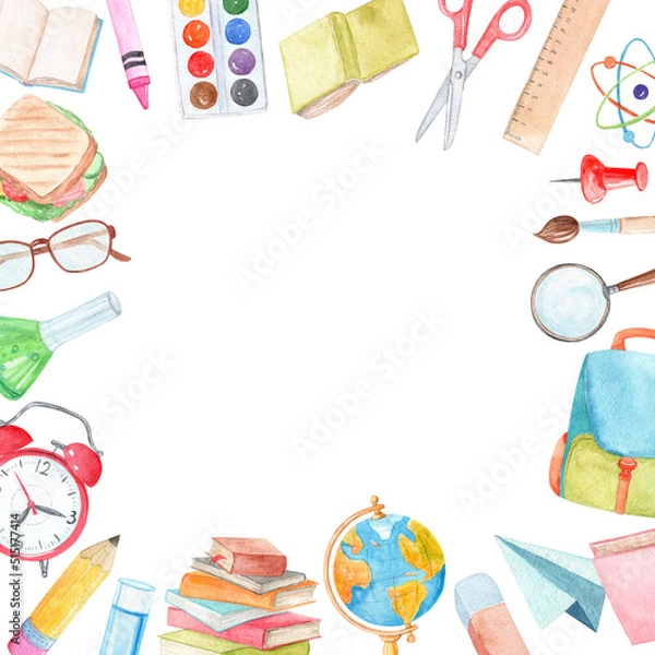 Obraz Watercolor school supplies square frame isolated on white