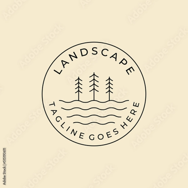 Fototapeta landscape pine line art badge logo template design
