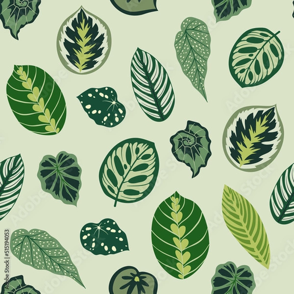 Fototapeta Seamless pattern with green leaves. Hand drawn vector background. Texture for print, textile, fabric, packaging.