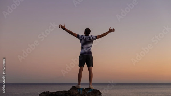 Fototapeta Carriages man standing on rock in win pose in sunset.