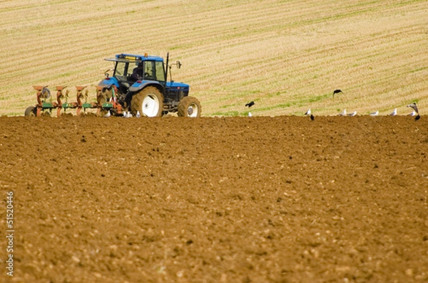Fototapeta Farmer ploughing field for next crop.
