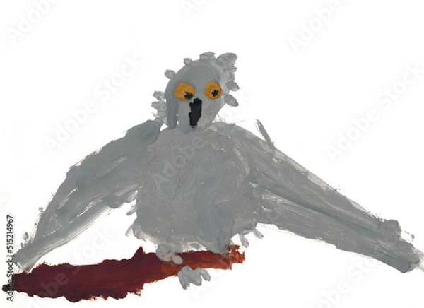 Fototapeta Gray owl. Kids drawing illustretion on white background., Owl on a branch, Cute owl in hand-drawn style, Meaningless Drawing,