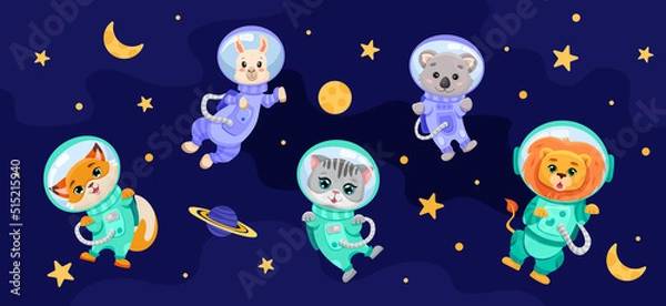 Fototapeta Cute animals set in open space with planets, moon and stars. Astronauts in costumes for children banner, textile print, kids design. Hand drawn vector cartoon illustration