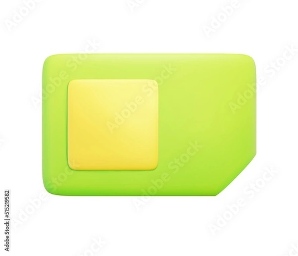 Fototapeta 3d render sim card icon. Rendering illustration of green mobile card with chip isolated on white background. Blank simcard of mobility operator. Telecommunication sign. Phone plastic micro card.