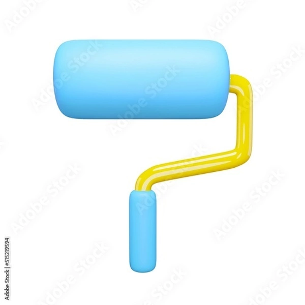 Fototapeta 3d render drawing wall roller icon. Rendering illustration of blue paint roller with handle isolated on white background. Cute cartoon design. Repair interior sign. Renovation house symbol. 