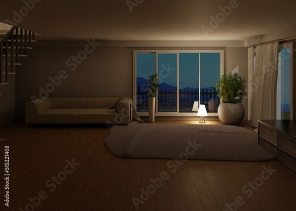 Fototapeta Night interior scene with panoramic window and lamp on the floor. Big fluffy carpet and couch. Cozy interior. 3D rendering.
