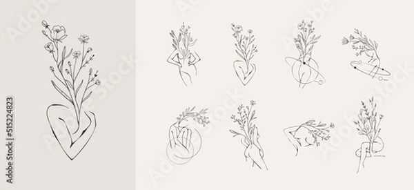 Fototapeta Concept art of blossom beauty. Elegant linear woman with floral branch and wildflowers. Minimalistic female figure and face. Vector art of femininity and beauty for logo or wall art. Botanical