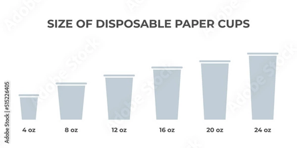 Fototapeta Size of disposable paper cups with different oz. A set of different types of glasses. Vector simple flat icons