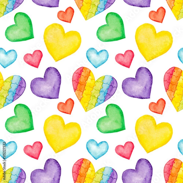 Fototapeta Watercolor seamless pattern on a white background, hearts in the rainbow colors for pride month, valentine's day, etc.