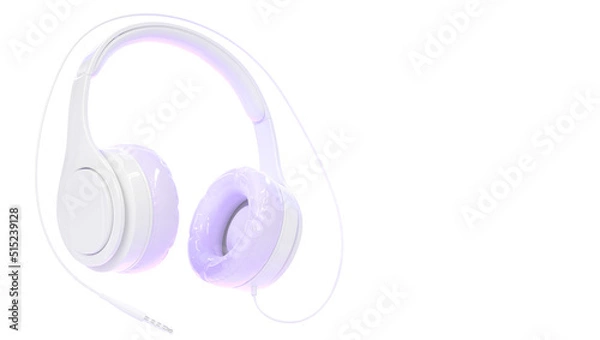 Fototapeta Headphones for listen music, dj audio headset isolated on white background. Purple white stereo earphones with wire, accessory with sound speakers, angle view. Realistic 3d render, mockup ad banner