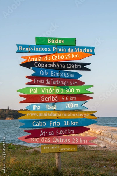 Fototapeta Nice and colorful sign of destinations and distances by the beach in Brazil. 