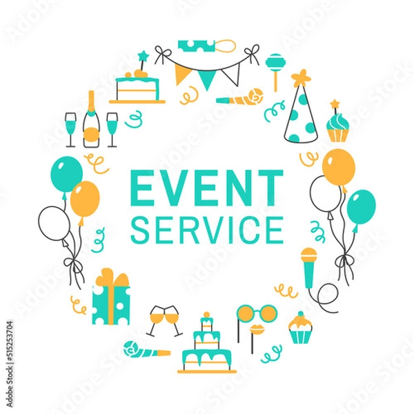 Fototapeta Event service flat line circle frame with text space on white background. Birthday holiday concept for card poster flyer design. Festive hat balloons cake cupcake present champagne vector illustration