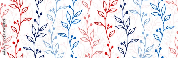 Fototapeta Berry bush twigs hand drawn vector seamless pattern. Modern herbal graphic design. Herb plants leaves and stems illustration. Berry bush sprouts summer seamless design