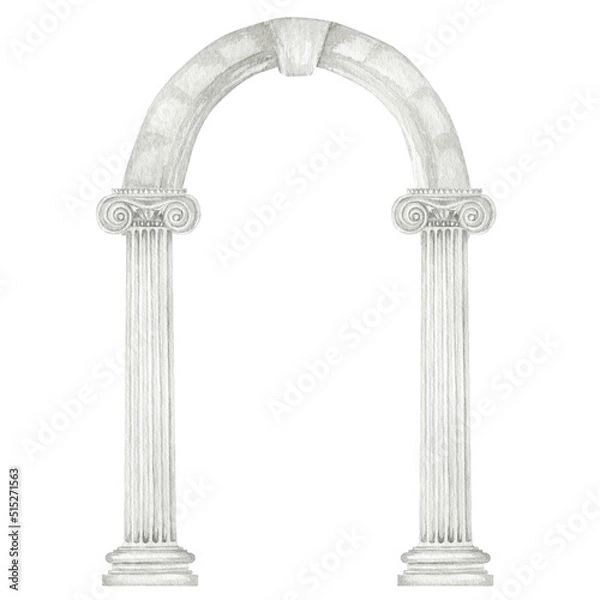 Obraz Watercolor antique arch with column ionic order, Ancient Classic Greek pillar, Roman Columns, Architecture facade elements Realistic drawing illustration isolated on white background