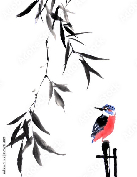 Fototapeta 水墨画技法で描いたヤナギとカワセミ