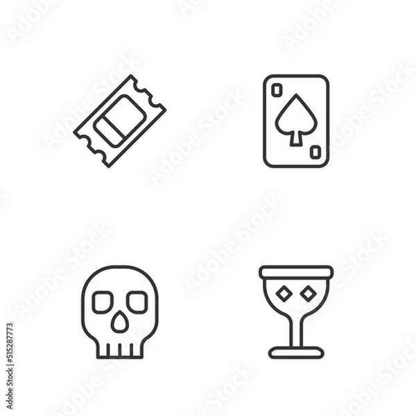 Fototapeta Set line Medieval goblet, Skull, Circus ticket and Playing cards icon. Vector