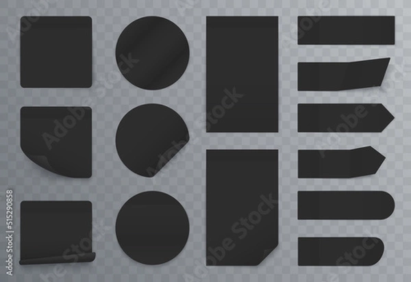 Fototapeta Dark black paper sticker set vector illustration. 3d realistic adhesive blank page with curl corner template, sticky memo label note of round circle rectangle square shape on transparent background