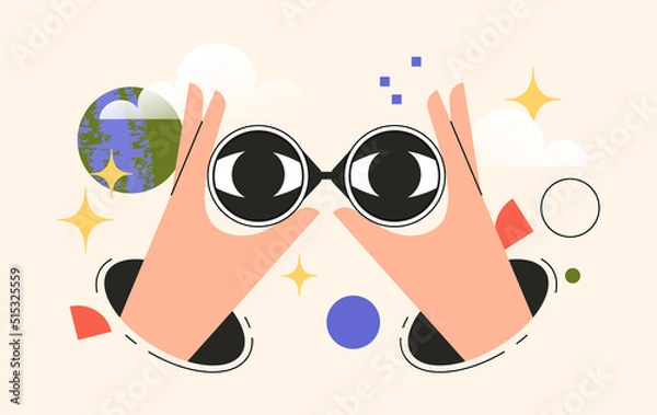 Fototapeta Hands holding binoculars. Concept of search, research or strategy for business. The eyes look forward through the lens. Vector illustration for web or user interface.