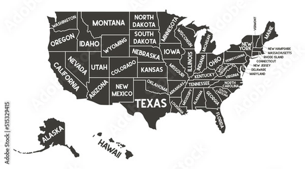Obraz USA map. Vector silhouette state of America. United States of America with script text state names. American map for poster, banner, t-shirt, tee. Design USA typography states names. Poster map of USA