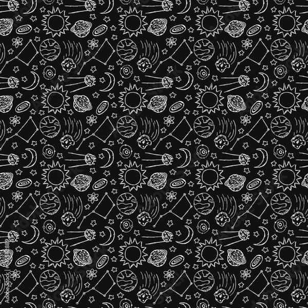 Fototapeta Black and white Seamless space pattern. Cosmos background. Doodle vector space illustration with planets, comet, stars, moon, sun and black hole