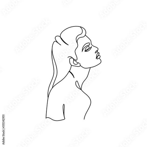 Fototapeta Drawing of a woman's face in a minimalist line style. Fashion illustration for cosmetics. Continuous line Art. Trendy minimal print. Beauty logo. Vector. Isolated