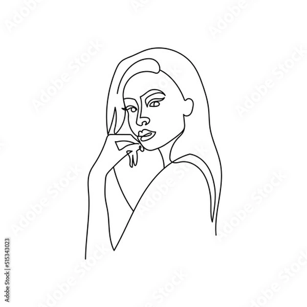 Fototapeta Drawing of a woman's face in a minimalist line style. Fashion illustration for cosmetics. Continuous line Art. Trendy minimal print. Beauty logo. Vector. Isolated