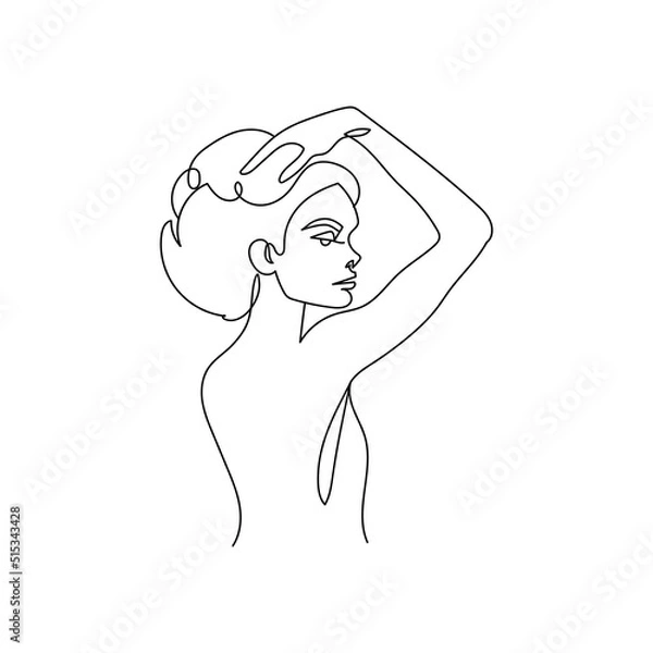 Fototapeta Drawing of a woman's face in a minimalist line style. Fashion illustration for cosmetics. Continuous line Art. Trendy minimal print. Beauty logo. Vector. Isolated