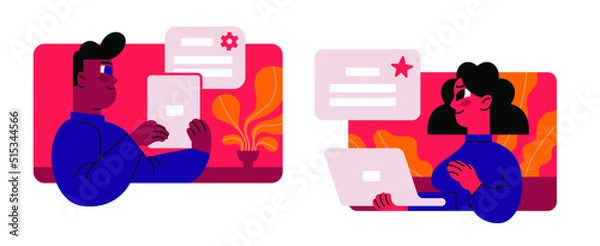 Fototapeta Team communication concept. Project management, cooperation, interaction of employees at work. Workflow organization. Simple flat  vector illustration on white background
