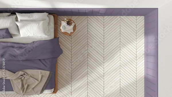 Fototapeta Wooden romantic bedroom in white and purple tones. Mater bed with blankets and side table. Herringbone parquet floor with copy space. Top view, plan, above. Interior design