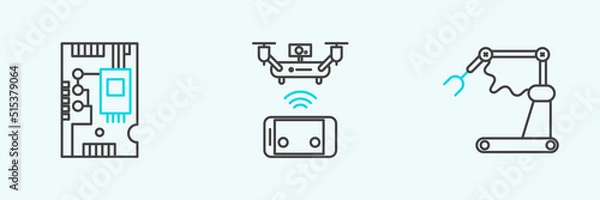 Obraz Set line Industrial machine robotic robot arm hand factory, Electronic computer components motherboard digital chip and Remote aerial drone icon. Vector