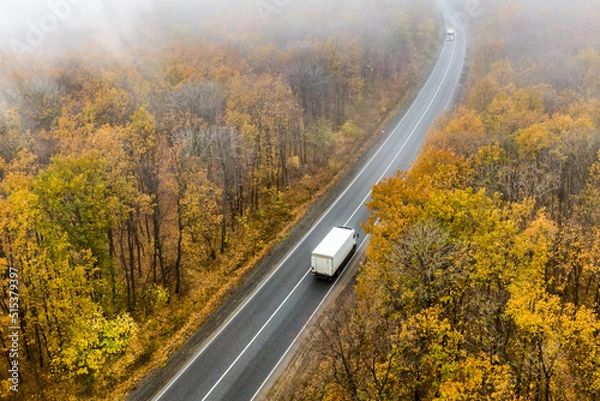 Fototapeta white van on the asphalt road through the autumn forest into the mist. cargo delivery and transportation concept. fog on the road