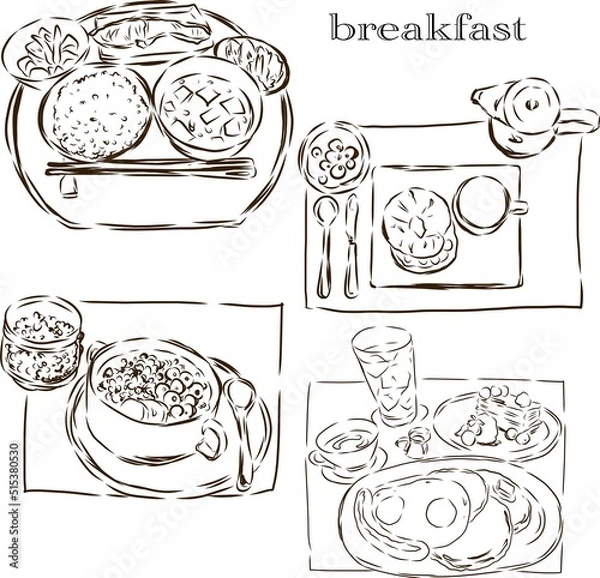 Obraz いろいろな朝食セット　線画
