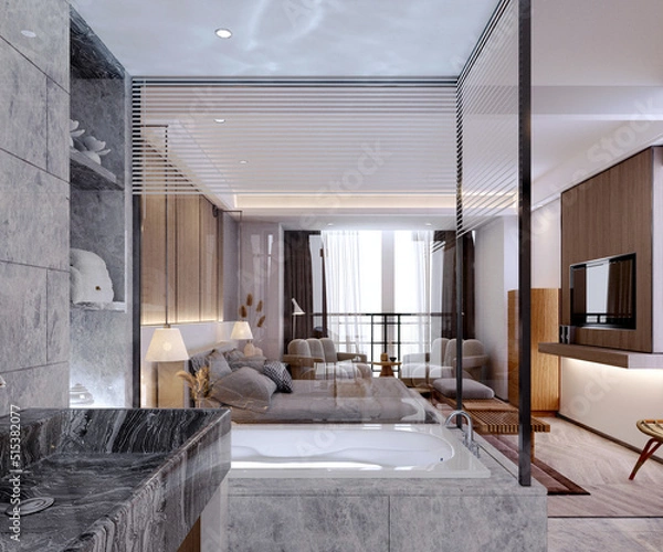 Obraz 3d rendering,3d illustration, Interior Scene and  Mockup,hotel room function interior design 3d render.