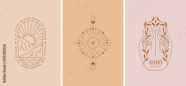 Fototapeta Boho logos. Trendy emblems for astrologer, magician, naturopath, herbalist, tarot reader, spiritual medium, healer, beauty, esoteric, travel, retreat, alternative medicine. Vector isolated designs.