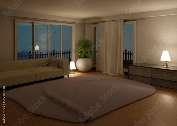Obraz Night scene interior with panoramic window and big carpet on the wooden wall. Home plant and lamp. Curtain and couch. White scandinavian interior. 3D rendering