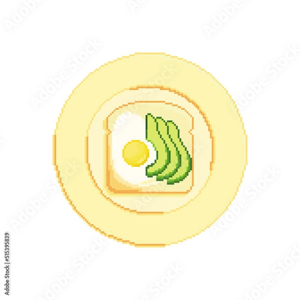 Fototapeta Avocado toast with egg served on the plate vector icon. Pixel art. 8 bit logo for game. eps10