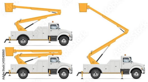 Obraz Bucket truck vector illustration isolated on white background. Cherry picker truck side view mockup. All elements in the groups for easy editing and recolor