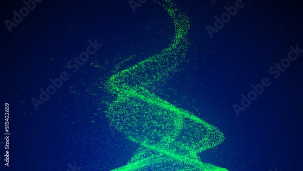Obraz A swirl of green motes. Illustration of a whirlpool on a blue background. The effect of levitation. Dynamic, explosive wave. Big data. 3D rendering