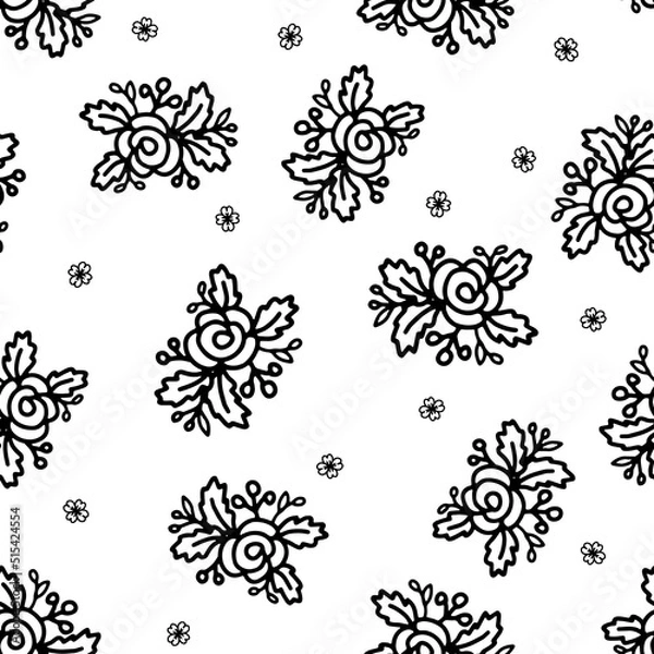Fototapeta Floral black and white seamless pattern for textile or design background with hand drawn rose flower