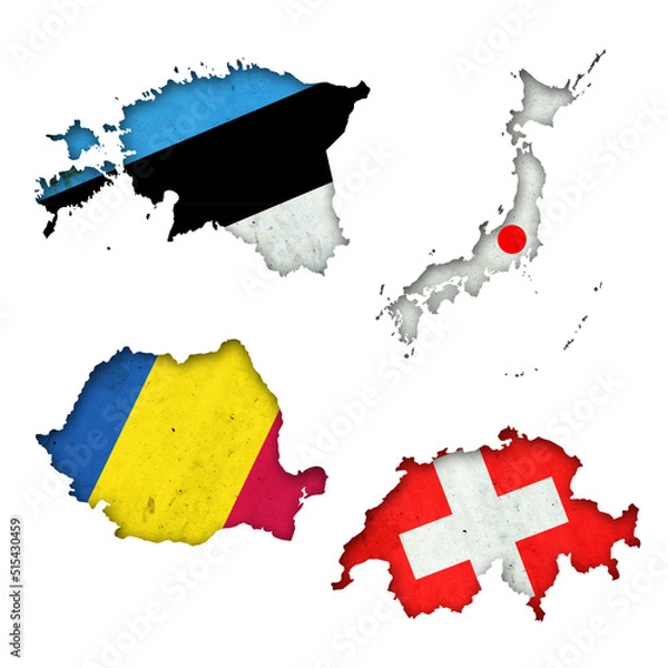 Obraz Set, Flags of Estonia, Japan, Romania, and Switzerland in the form of a map. Shadow. Isolated on white background. Signs and symbols. Design element.
